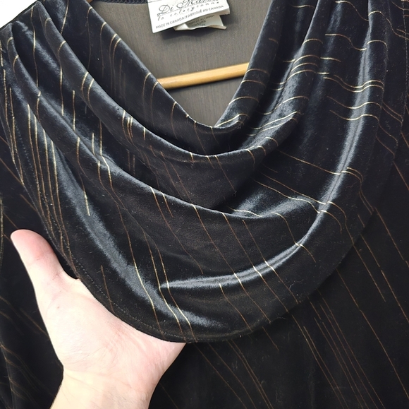 Di Marco Vtg Small Velvet Cowl Neck Shirt Velour Black Gold Stripes Plush - Picture 5 of 11